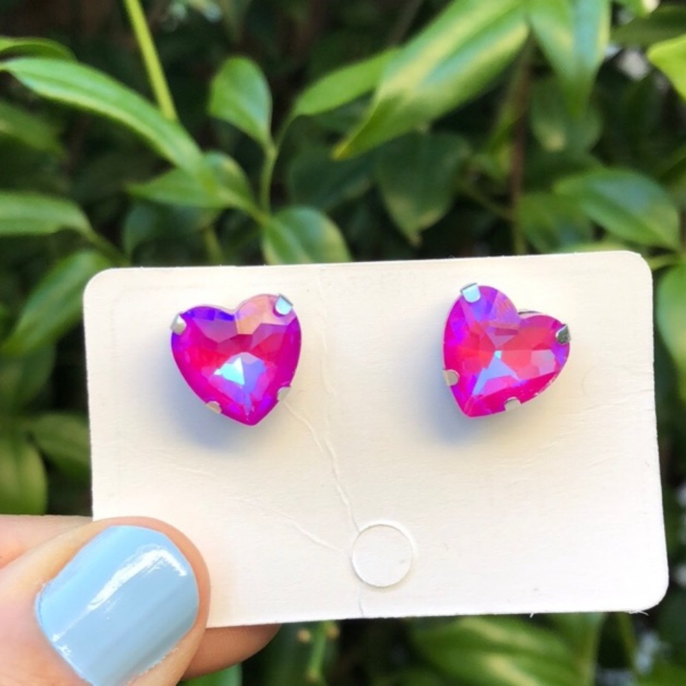 Hot Pink AB Crystal Heart Earrings